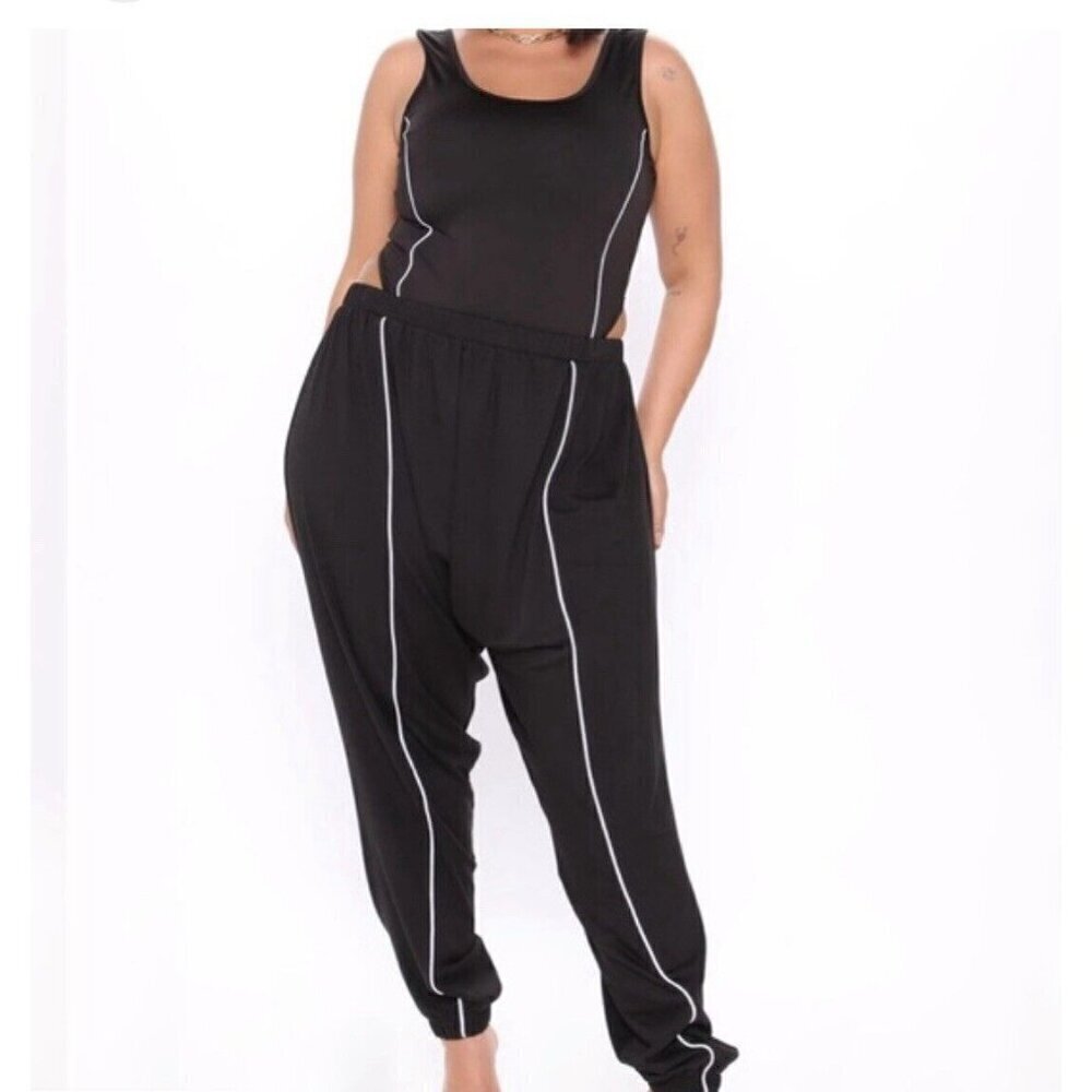 Fashion Nova M. Black Track Set Pants Bodysuit Sleeveless Streetwear Stretch